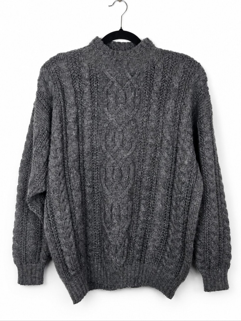 Vintage 90s Casual Corner Gray Wool Blend Cable Knit Mock Neck Sweater Large